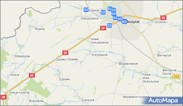 mapa Krzyżowice gmina Głubczyce, Krzyżowice gmina Głubczyce na mapie Targeo