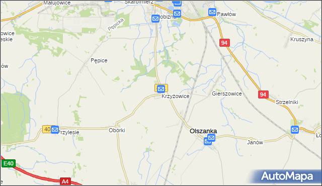 mapa Krzyżowice gmina Olszanka, Krzyżowice gmina Olszanka na mapie Targeo