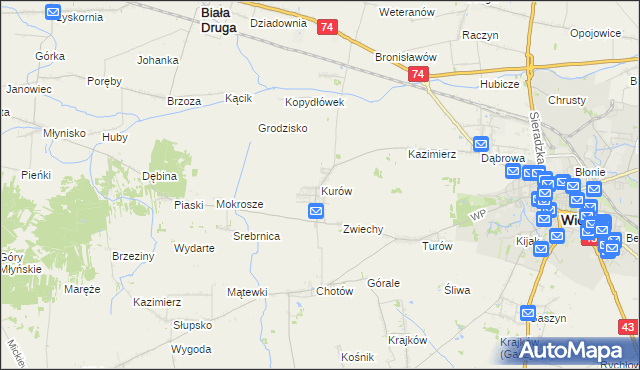 mapa Kurów gmina Wieluń, Kurów gmina Wieluń na mapie Targeo