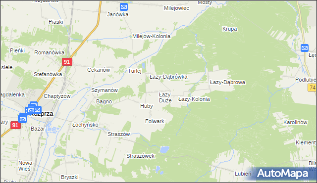 mapa Łazy Duże gmina Rozprza, Łazy Duże gmina Rozprza na mapie Targeo