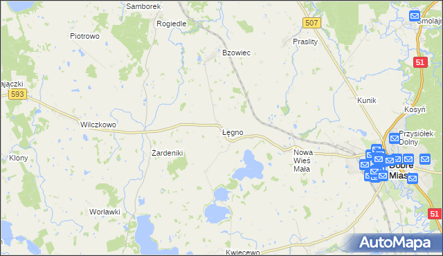 mapa Łęgno gmina Dobre Miasto, Łęgno gmina Dobre Miasto na mapie Targeo