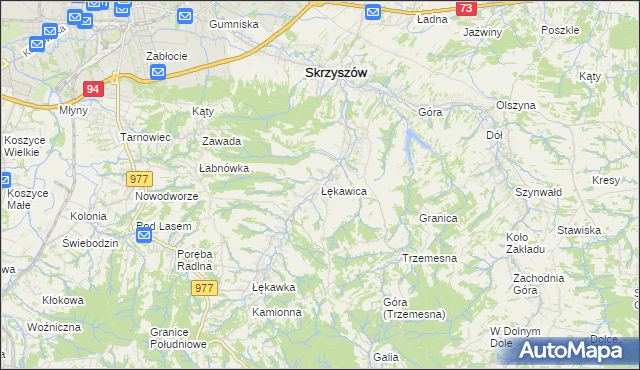 mapa Łękawica gmina Skrzyszów, Łękawica gmina Skrzyszów na mapie Targeo