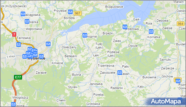 mapa Łęki gmina Myślenice, Łęki gmina Myślenice na mapie Targeo