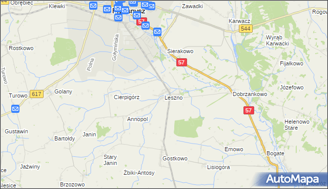 mapa Leszno gmina Przasnysz, Leszno gmina Przasnysz na mapie Targeo