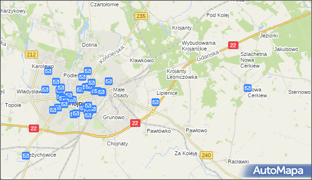mapa Lipienice gmina Chojnice, Lipienice gmina Chojnice na mapie Targeo
