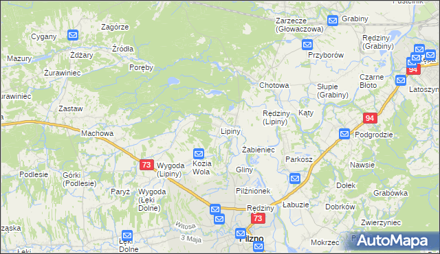 mapa Lipiny gmina Pilzno, Lipiny gmina Pilzno na mapie Targeo