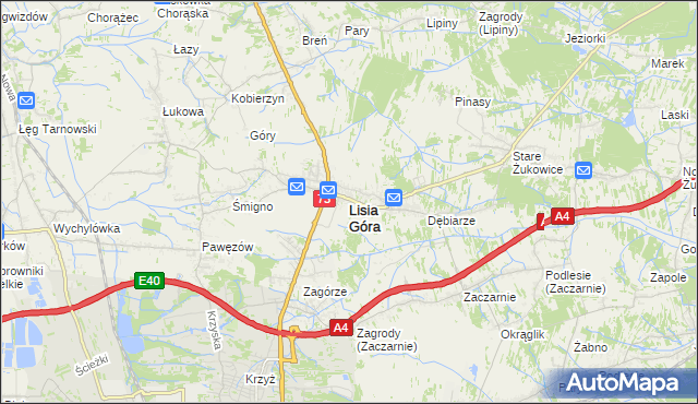 mapa Lisia Góra powiat tarnowski, Lisia Góra powiat tarnowski na mapie Targeo