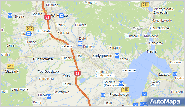 mapa Łodygowice powiat żywiecki, Łodygowice powiat żywiecki na mapie Targeo