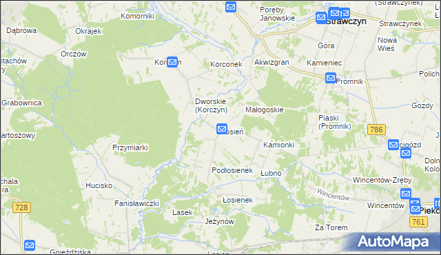 mapa Łosień gmina Piekoszów, Łosień gmina Piekoszów na mapie Targeo