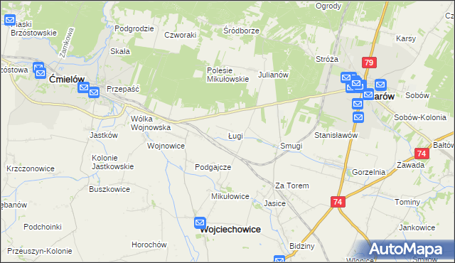 mapa Ługi gmina Wojciechowice, Ługi gmina Wojciechowice na mapie Targeo