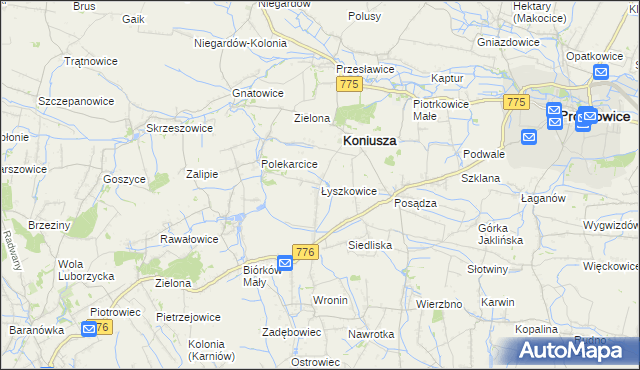 mapa Łyszkowice gmina Koniusza, Łyszkowice gmina Koniusza na mapie Targeo