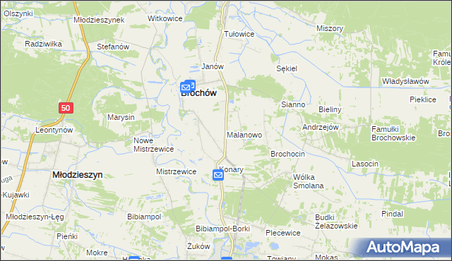mapa Malanowo gmina Brochów, Malanowo gmina Brochów na mapie Targeo