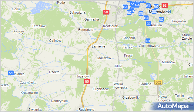 mapa Maliszew gmina Mińsk Mazowiecki, Maliszew gmina Mińsk Mazowiecki na mapie Targeo