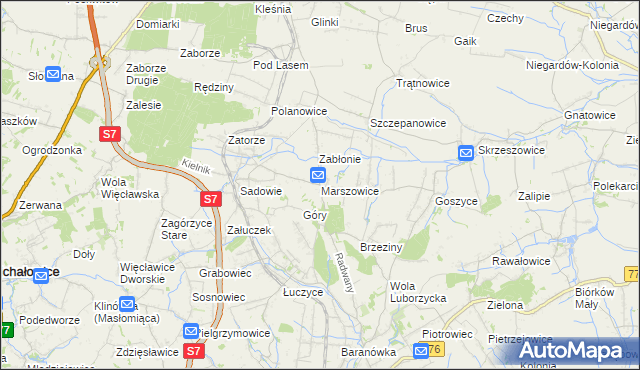 mapa Marszowice gmina Kocmyrzów-Luborzyca, Marszowice gmina Kocmyrzów-Luborzyca na mapie Targeo