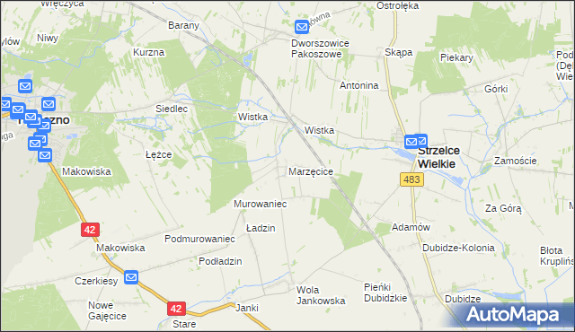 mapa Marzęcice gmina Strzelce Wielkie, Marzęcice gmina Strzelce Wielkie na mapie Targeo