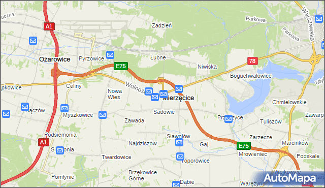 mapa Mierzęcice, Mierzęcice na mapie Targeo