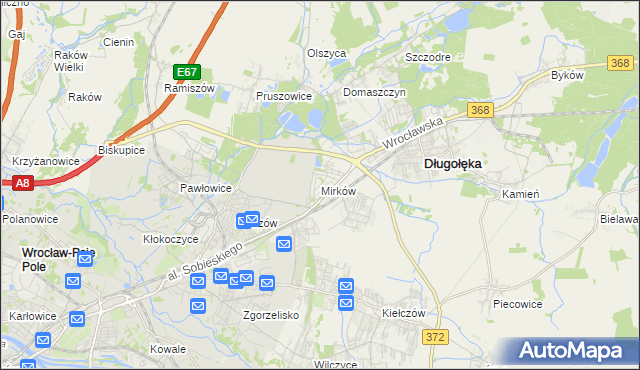 mapa Mirków gmina Długołęka, Mirków gmina Długołęka na mapie Targeo