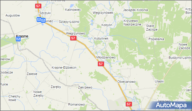 mapa Młodzianowo gmina Płoniawy-Bramura, Młodzianowo gmina Płoniawy-Bramura na mapie Targeo