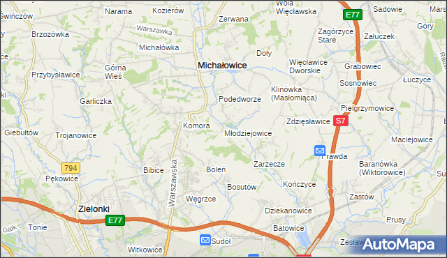 mapa Młodziejowice gmina Michałowice, Młodziejowice gmina Michałowice na mapie Targeo