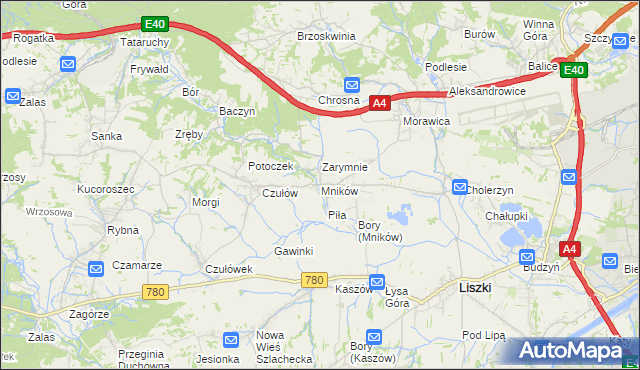 mapa Mników gmina Liszki, Mników gmina Liszki na mapie Targeo