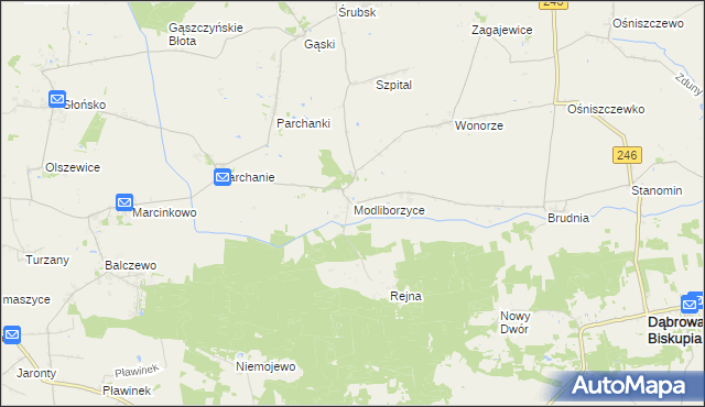 mapa Modliborzyce gmina Dąbrowa Biskupia, Modliborzyce gmina Dąbrowa Biskupia na mapie Targeo