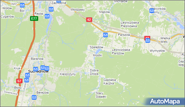 mapa Mostki gmina Suchedniów, Mostki gmina Suchedniów na mapie Targeo