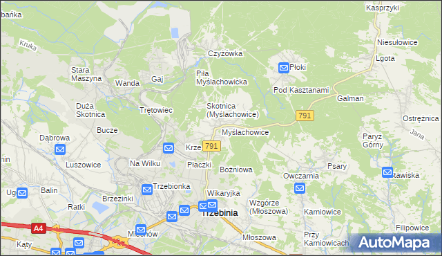 mapa Myślachowice, Myślachowice na mapie Targeo