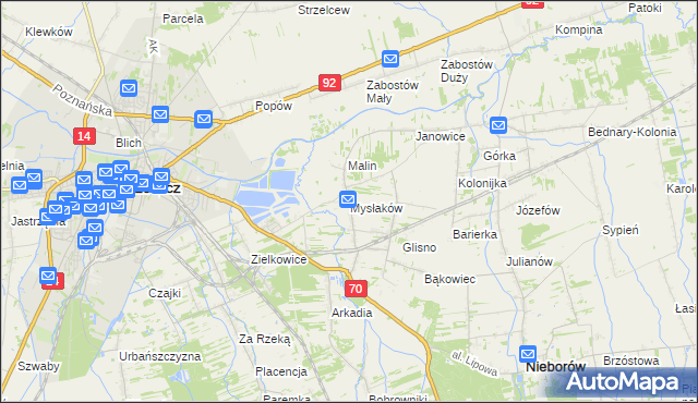 mapa Mysłaków gmina Nieborów, Mysłaków gmina Nieborów na mapie Targeo