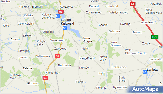 mapa Narty gmina Lubień Kujawski, Narty gmina Lubień Kujawski na mapie Targeo