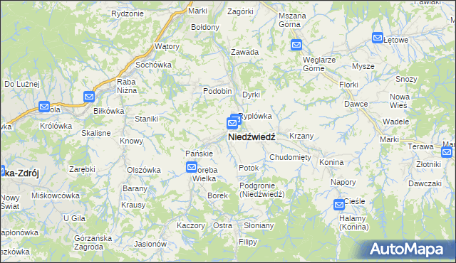 mapa Niedźwiedź powiat limanowski, Niedźwiedź powiat limanowski na mapie Targeo
