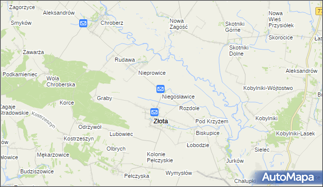 mapa Niegosławice gmina Złota, Niegosławice gmina Złota na mapie Targeo