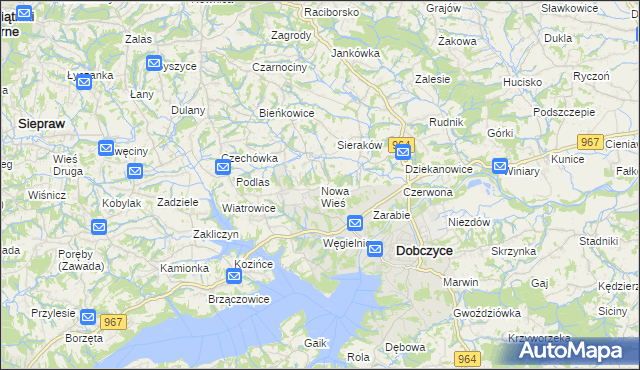 mapa Nowa Wieś gmina Dobczyce, Nowa Wieś gmina Dobczyce na mapie Targeo