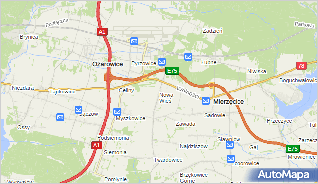 mapa Nowa Wieś gmina Mierzęcice, Nowa Wieś gmina Mierzęcice na mapie Targeo