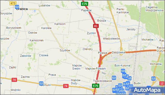 mapa Olendry gmina Grabica, Olendry gmina Grabica na mapie Targeo