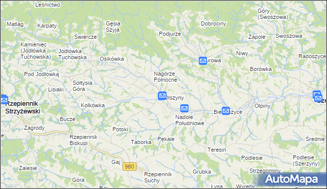 mapa Olszyny gmina Rzepiennik Strzyżewski, Olszyny gmina Rzepiennik Strzyżewski na mapie Targeo