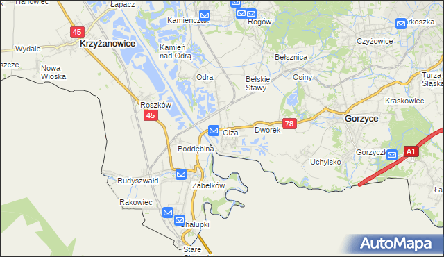 mapa Olza gmina Gorzyce, Olza gmina Gorzyce na mapie Targeo