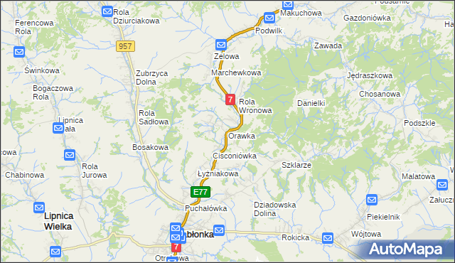 mapa Orawka gmina Jabłonka, Orawka gmina Jabłonka na mapie Targeo