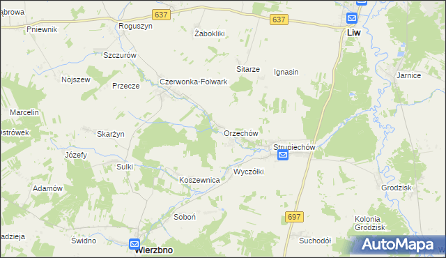 mapa Orzechów gmina Wierzbno, Orzechów gmina Wierzbno na mapie Targeo