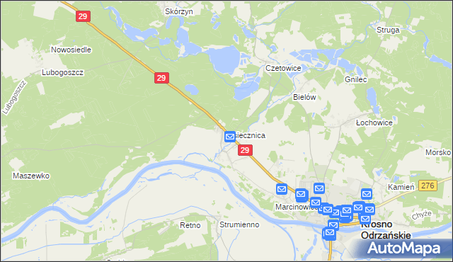 mapa Osiecznica gmina Krosno Odrzańskie, Osiecznica gmina Krosno Odrzańskie na mapie Targeo