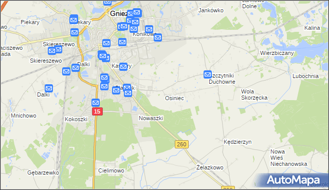 mapa Osiniec gmina Gniezno, Osiniec gmina Gniezno na mapie Targeo