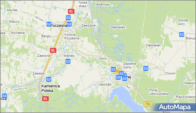 mapa Osiny gmina Kamienica Polska, Osiny gmina Kamienica Polska na mapie Targeo