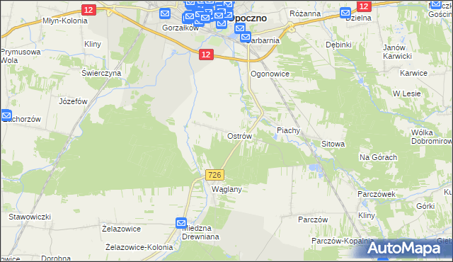 mapa Ostrów gmina Opoczno, Ostrów gmina Opoczno na mapie Targeo