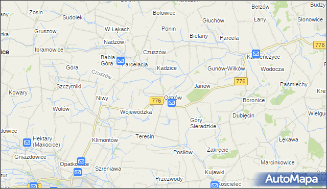 mapa Ostrów gmina Proszowice, Ostrów gmina Proszowice na mapie Targeo