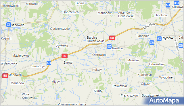 mapa Ostrowiec gmina Chynów, Ostrowiec gmina Chynów na mapie Targeo