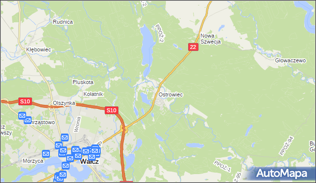 mapa Ostrowiec gmina Wałcz, Ostrowiec gmina Wałcz na mapie Targeo