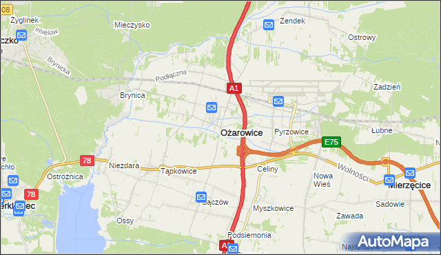 mapa Ożarowice, Ożarowice na mapie Targeo