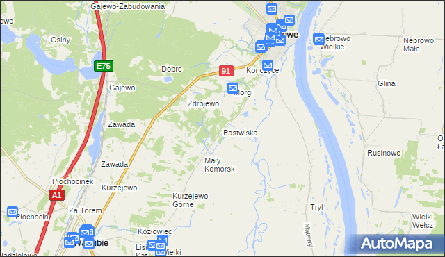 mapa Pastwiska gmina Nowe, Pastwiska gmina Nowe na mapie Targeo