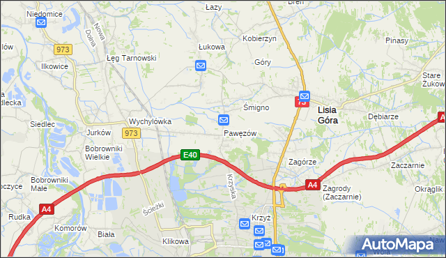 mapa Pawęzów gmina Lisia Góra, Pawęzów gmina Lisia Góra na mapie Targeo