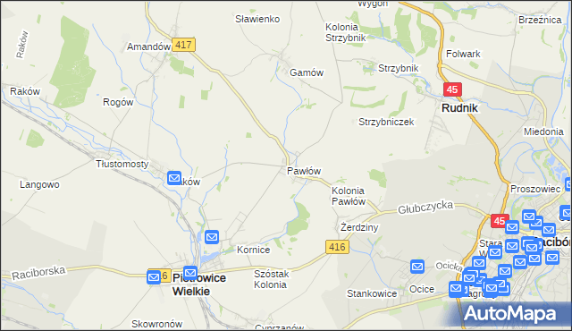 mapa Pawłów gmina Pietrowice Wielkie, Pawłów gmina Pietrowice Wielkie na mapie Targeo