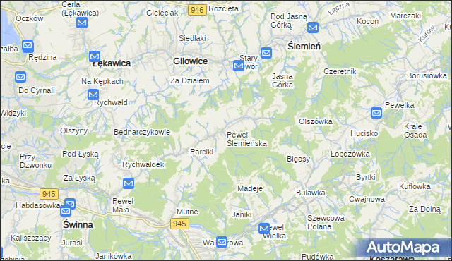 mapa Pewel Ślemieńska, Pewel Ślemieńska na mapie Targeo